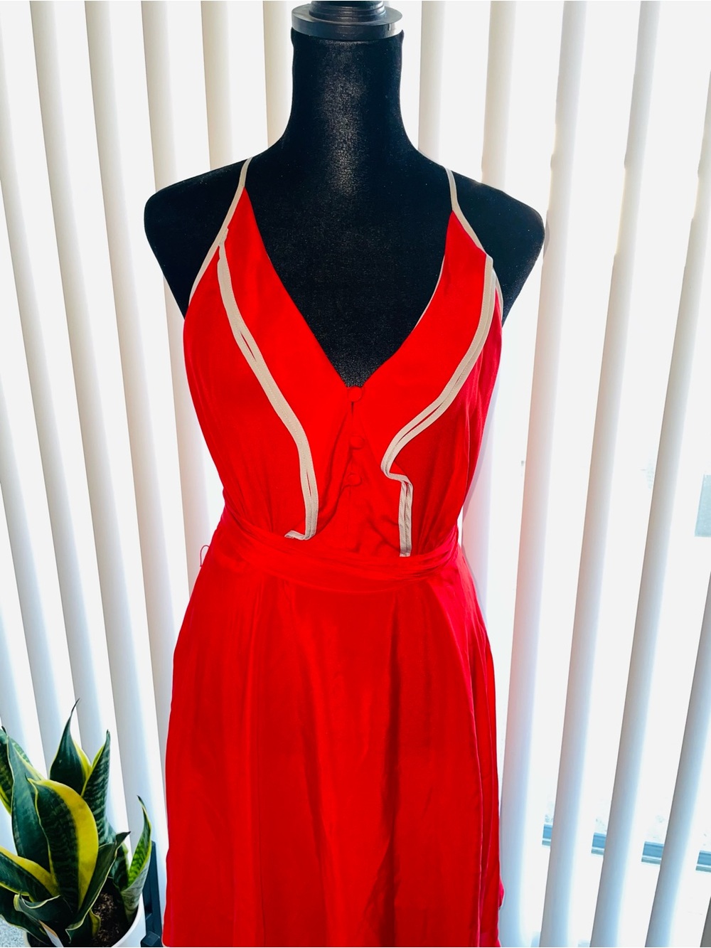 Anthropologie Red Sleeveless V-Neck Midi Dress with Cream Trim